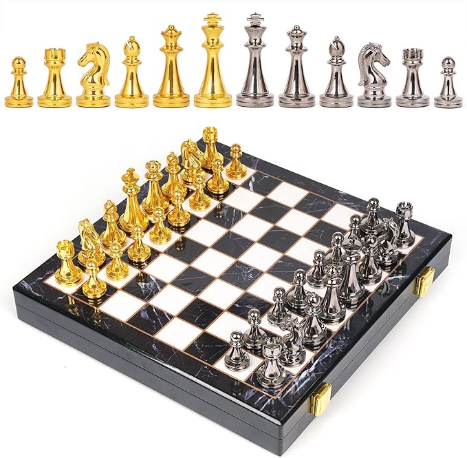 Metal Chess Set for Adults and Kids – Marbling Chess Board with Chess Pieces – Travel Chess Sets with Extra Queens with zinc Alloy Metal Pieces – Ideal for Beginners and Professional Players