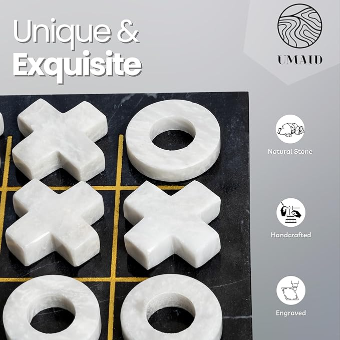 UMAID Marble Tic Tac Toe Game, Luxury Touch for Dad This Fathers Day, Handcrafted Marble Board with Velvet Gift Box, Solid Marble Unique Home Decor for Coffee Table, Desk, Office, Living Room