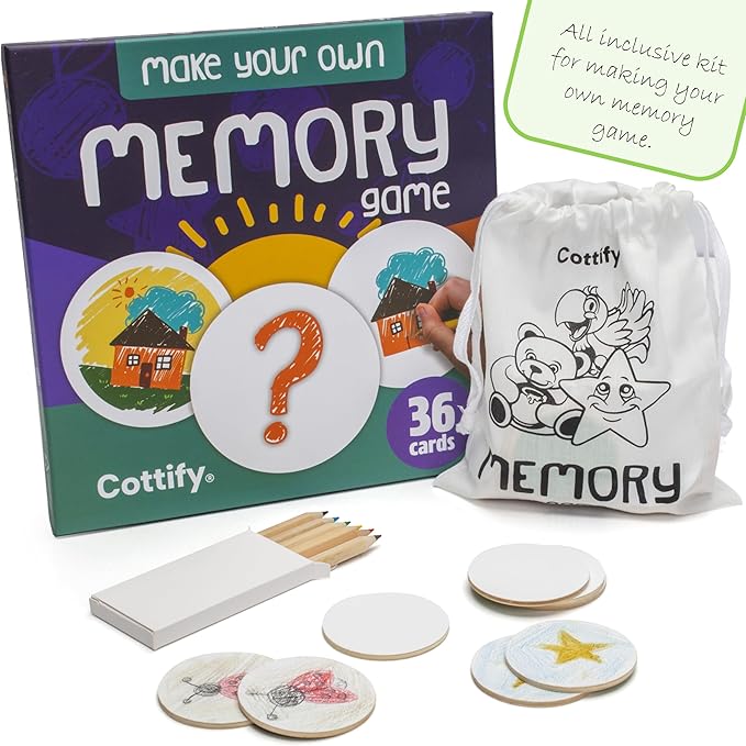 Create Your Own Memory Game 36pc Art & Craft Kit, Durable & Scratch-Resistant Blank Wooden Cards, Replacement Stickers, Matching Games for Toddlers 3-5 and Up, Blank Board Game