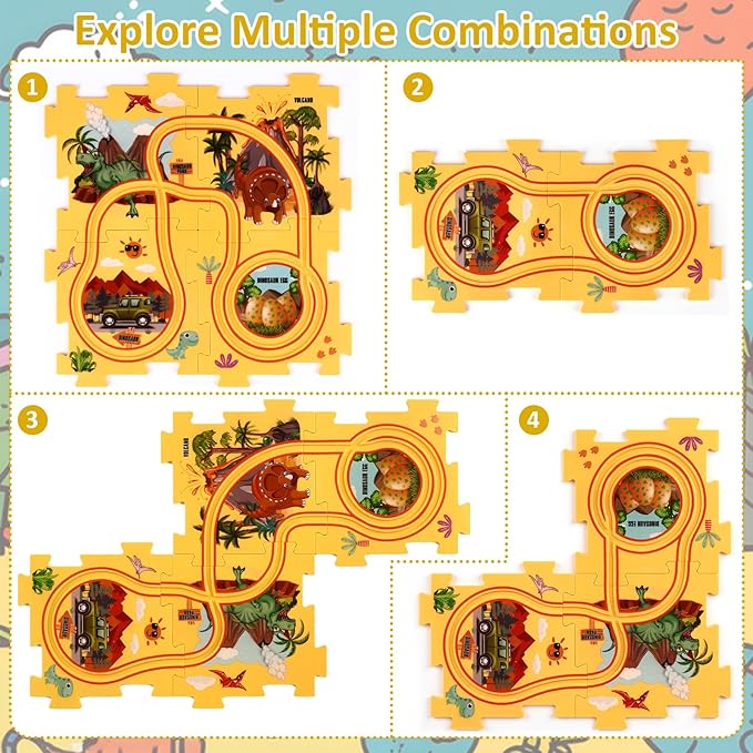 25PCS Puzzle Racer Kids Car Track Set Dinosaur Themed Series, Puzzle Track Car Play Set, Rail Car Puzzle Track, Kids Car Track, Educational Puzzle Toys Gifts for Kids Boys and Girls