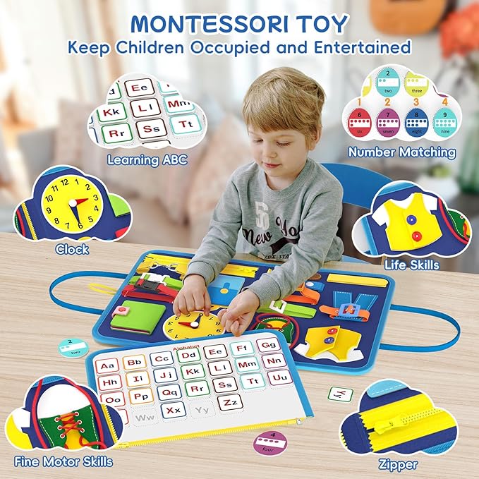 Busy Board Sensory Toys for Toddlers 1 2 3 4, Toddler Travel Activities Educational Toys, Montessori Toys for 2 3 4 Year Old Boys Girls Gift, Little Dinosaur