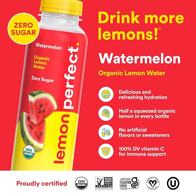 Lemon Perfect Watermelon, Flavored Lemon Water, Organic, Zero Sugar, Healthy Hydration Drinks, 15.2 fl oz Bottles (12-Pack)
