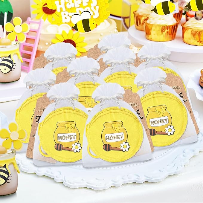 36 Pack Bee Themed Change Purses Set Include 12 Honey Pot Wallets with Keyring, 12 Thank You Tags and 12 Organza Bags for Bumble Bee Baby to Bee Birthday Baby Shower Decor,Yellow