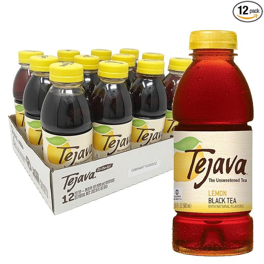 Tejava Lemon Black Iced Tea, 12 Pack, 16.9oz PET Bottles, Unsweetened, Non-GMO, Kosher, No Sugar or Sweeteners, No calories, No Preservatives, Brewed in Small Batches