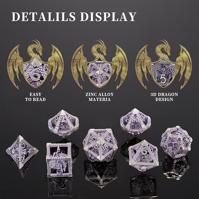DND Dice, HNCCESG Purple White Dragon Hollow Metal Polyhedral Dice Set for Dungeons and Dragons Dice RPG MTG Table Board Games (Purple White Dragon)