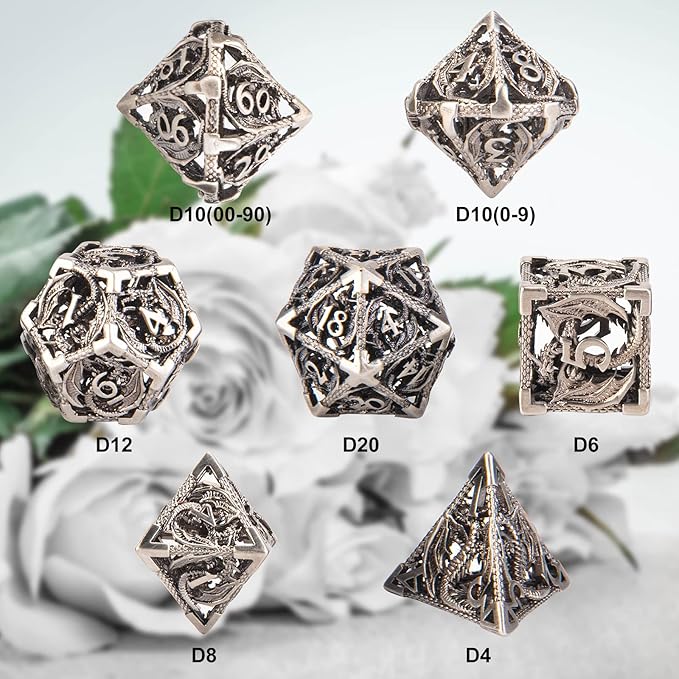 DND Dice,Hollow D&D Metal Dice,Dungeons and Dragons Dice Set with Gift Box,7 PCs Steampunk Polyhedral Dice Games Set for RPG,MTG,Pathfinder,(Dragon Ancient Silver)
