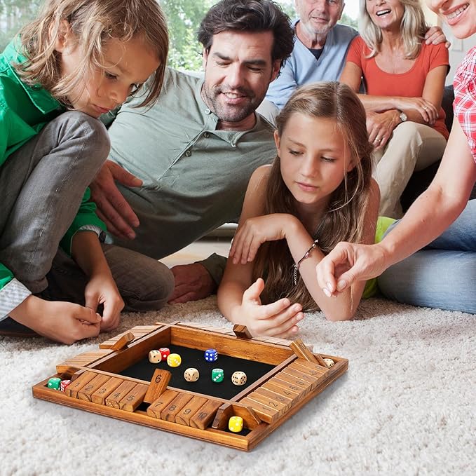 Vamslove 12 inches Shut The Box Dice Game Wooden Board Table Math Game with 8+4 Dice for 2-4 Player, 4 Sided 10 Numbers Close The Box for Kids Adults(Instructions Included)