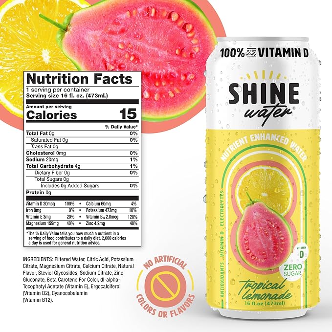 ShineWater Vitamin D Hydration Electrolyte Drink - Flavored water with electrolytes, Sugar-Free, Magnesium, Zinc, Vitamin B12, Plant-Based, Low Calorie - Tropical Lemonade Fruit Water 12 Pack