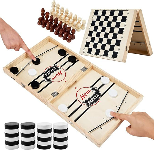 Foldable Fast Sling Puck Game with Chess Board and Checkers Board, Tic Tac Toe. Wooden Air Hockey Family Night,Table Games Gifts for Adults and Kids