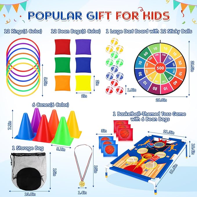 Hungdao 61 Pcs Toss Game Toys Set Bean Bag Carnival Games Ring Toss Game Dart Board Corn Hole Games with Sticky Balls Rings Medal Party Toys for Boys Girls Gifts Outdoor Indoor
