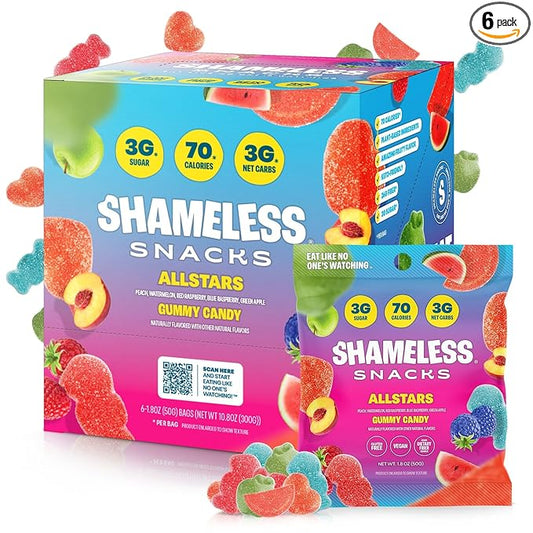 Shameless Snacks Allstars – Candy Variety Pack | Sour Gummy Candy | Healthy Vegan Snacks | Low Sugar Fruit Snack | 6-Pack, Gluten Free | Red Raspberry, Watermelon, Peach, Green Apple, Blue Raspberry