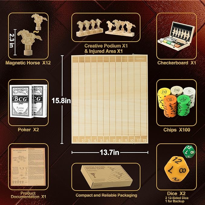 Magnetic Horse Race Board Game, Party Games with Magnet Wood Board, 12 Horses, 2 Pokers, 100 Chips, Fair Horse Racing Game, Smooth Gameplay, Game Nights, Luxurious Gift, Edyfico GSM301