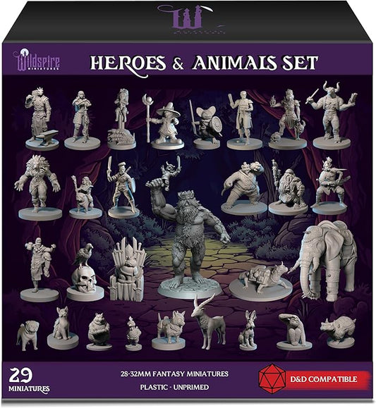 Heroes, NPC Animal Companions & Troll King for DND Miniatures Bulk 28mm-32mm Unpainted Paintable Dungeons and Dragons Minis Pathfinder Figures for Fantasy Tabletop Roleplaying Games like D&D