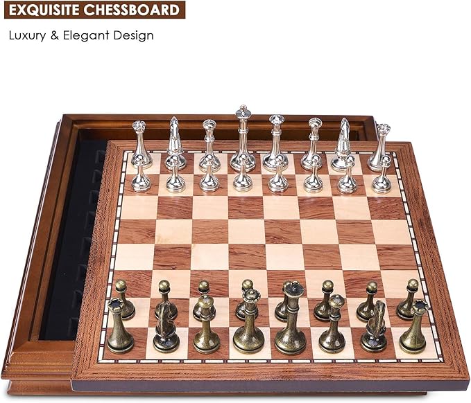 AMEROUS Wooden Chess Board Set with Pieces Storage for Adults Kids, 12.5 Inch Chess Set with Metal Pieces, Unique Chess Game for Tournament Professional Beginner