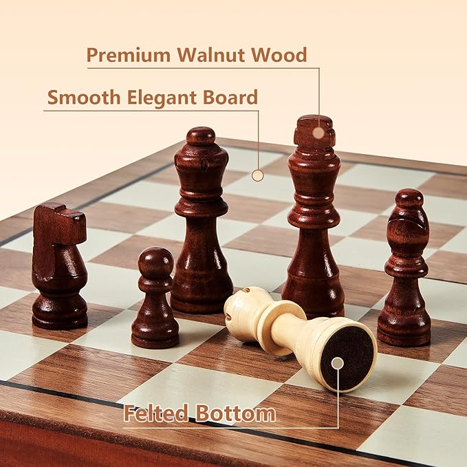 MerryPony Wooden Chess Set for Adults & Kids, 15" Foldable Wooden Chess Board with 2 Extra Queens, 2 in 1 Chess and Checkers Set, Travel Magnetic Chess Game Set, Beginner Chess Set for Kids