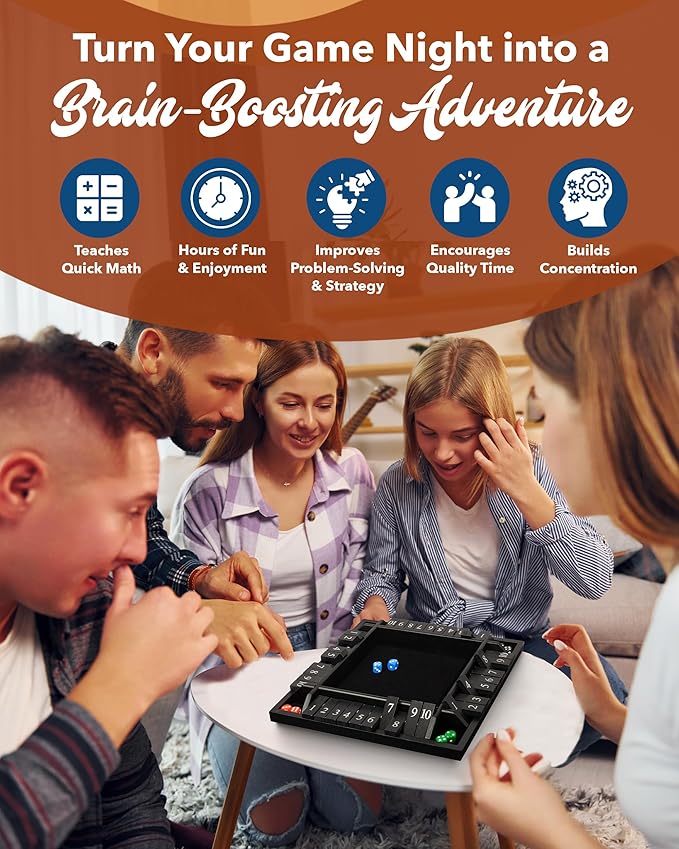 WE Games Wooden Shut The Box Game 4 Player - 10 Number Tiles & 8 Dice - Large 14-Inch, Black Stained Wood Finish