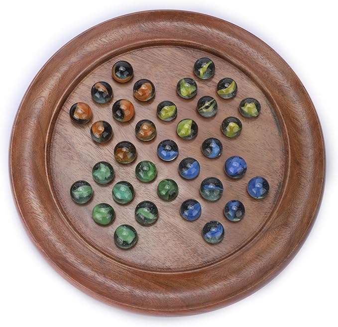 Ajuny Classic Solitaire - Handcrafted Wooden Board Game with 4-Color Marbles, Vintage Indian Design - Ideal for Family Fun & Home Decor