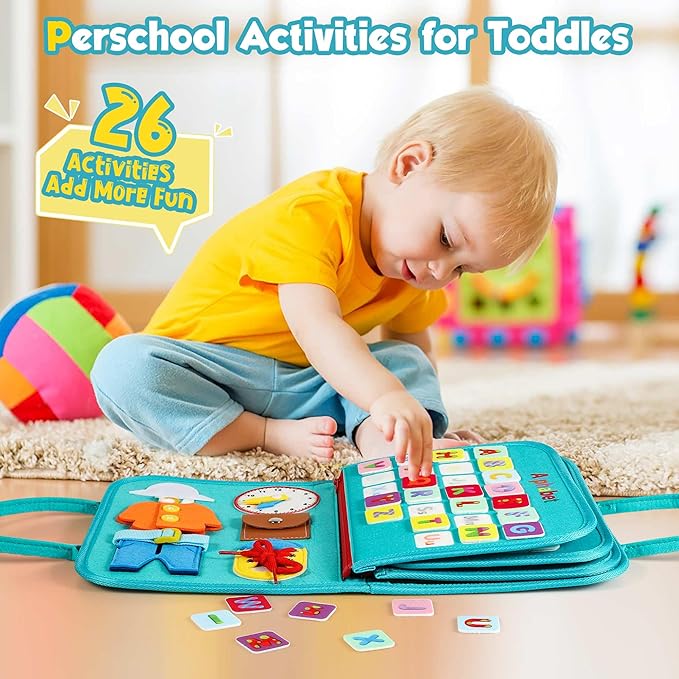 Toddler Busy Board - Montessori Toys for 2-3 Year Old Boy Birthday Gift, Educational Learning Sensory Busy Book for Two Year Old Boys, Airplane Car Travel Activities Toy for Kids Ages 2-4
