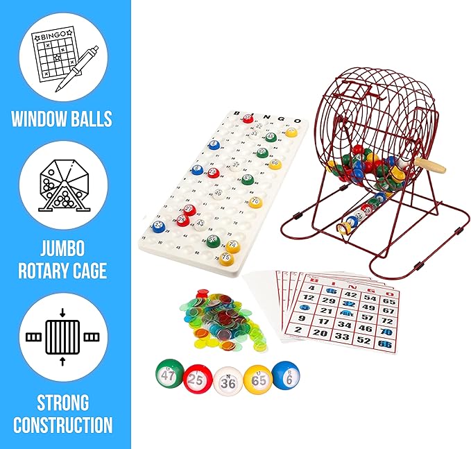 Regal Bingo Professional Bingo Game Set with 11" Wheel Cage, 75 Bingo Balls, Master Board, 18 Bingo Cards & 25 Jumbo Reusable Cards, and Colorful Chips - Bingo Games for Adults Large Group - Red
