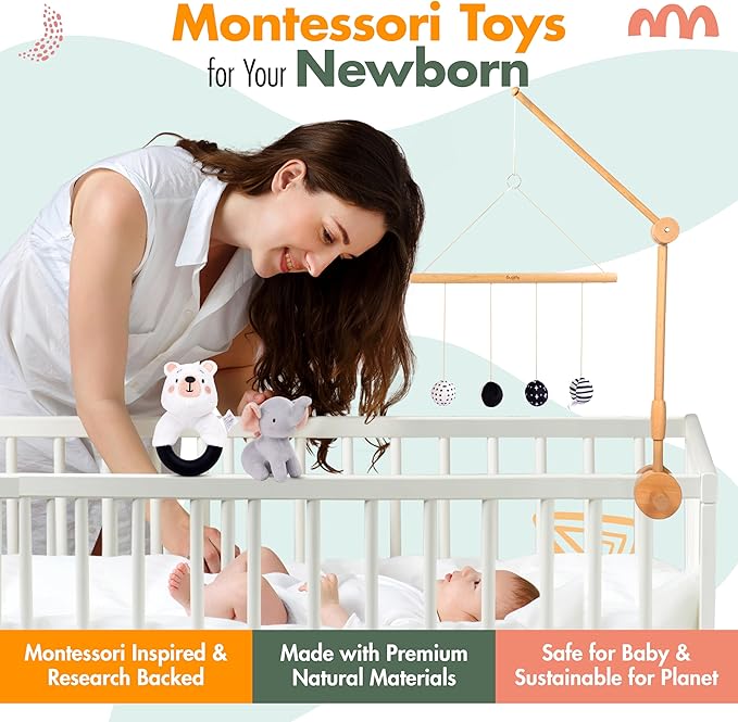 Newborn Montessori Toy Set 0-2 Month Infant Toys Black and White Book, Stroller Rattle, Organic Swaddle, High Contrast Flash Cards Elephant Animal Tummy Time