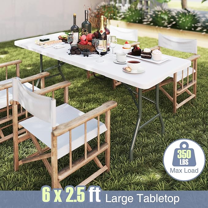 Goplus 6ft Plastic Folding Table, 350 LBS Outdoor Heavy Duty Folding Tables with HDPE Tabletop, Handle, Lock, Foldable Rectangle Portable Utility Card Table for Picnic, Party, Camping, Dining