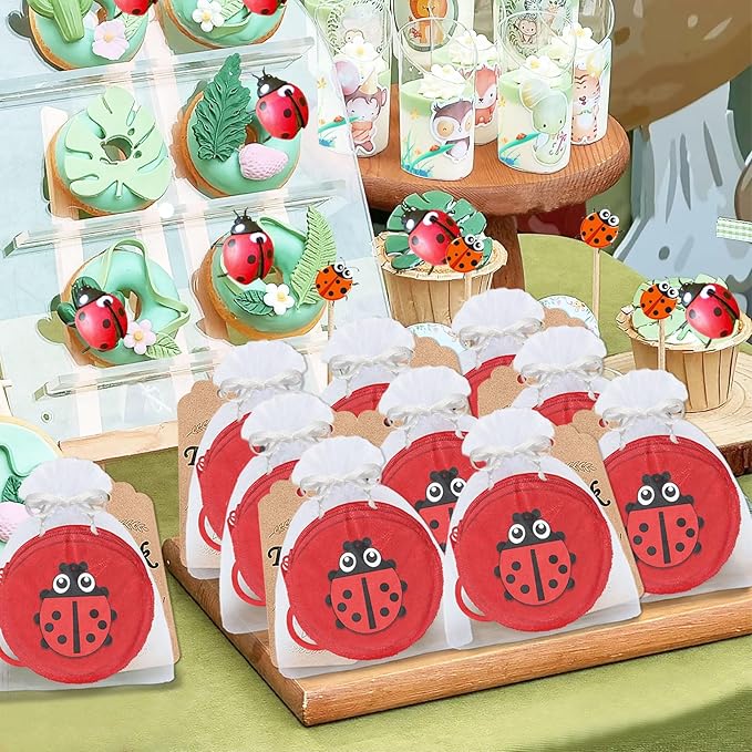 36 Pack Ladybug Change Purses Set Include 12 Ladybug Wallets with Keyrings, 12 Thank You Tags and 12 Organza Bags for Ladybug 1st Birthday Baby Shower Birthday Party Decoration,Red