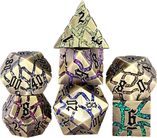 Metal DND Dice Set, 7PCS Polyhedral D&D Dice Set,Glitter Crack Dice Set for Dungeons and Dragons Role Playing Game(Antique Blue 7 Colors)