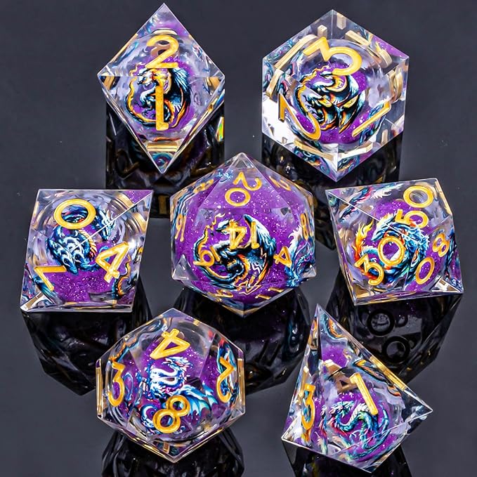Dragon Pattern Liquid Core DND Dice Set, 7Pcs Sharp Edge Dice with Gift Box, Purple Resin Dungeons Dragons D and D Role Playing Dice D20 D12 D10 D8 D6 D4