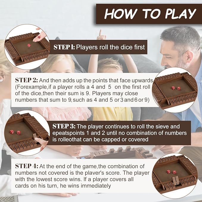 Shut The Box Game Wooden 1 2 3 4 Players Shut The Box Board Games with 8 Dice Math Addition and Pub Close The Box Game Wodden for Kids & Adults 12 Inch