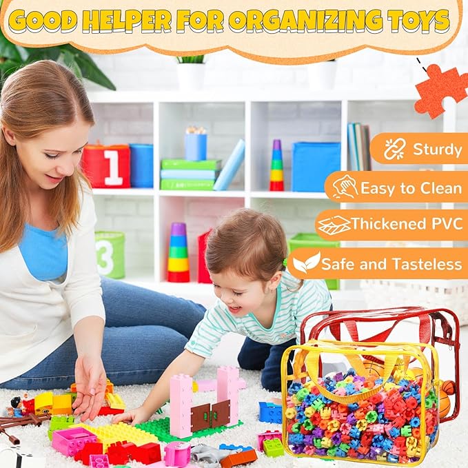 Sanwuta 4 Packs Large Toy Storage Bags Reusable Clear PVC Organizing Case Bags with Two Handles Waterproof Toy Container for Board Games, Building Blocks, Puzzles, Small Toys and Kids Books (Classic)