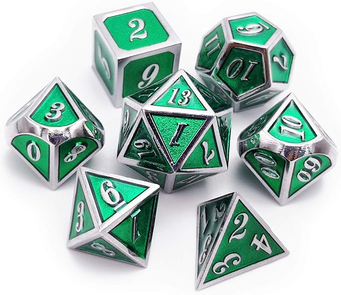 Haxtec 7 Die Metal DND Dice Set Green Elven Goblin D&D Dice Set for Dungeons and Dragons RPG Gaming-Silver Emerald Green Elvish Dice