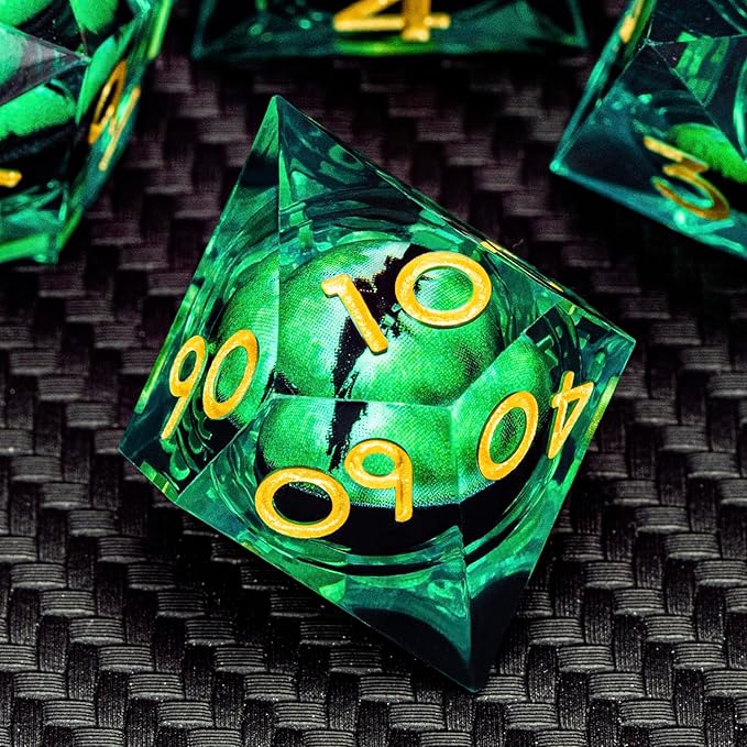 ARUOHHA DND Resin Dice Dragon Eye Dice Liquid Core Green Sharp Edged Dice Set with Gift Box, Dungeons Polyhedral D and D Dice Set Compatible with D&D Role Playing Game D20 D12 D10 D8 D6