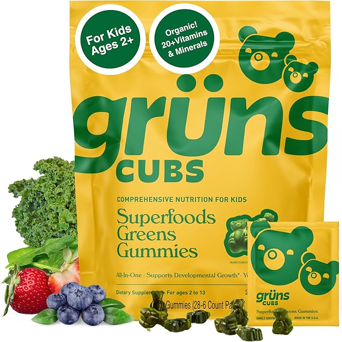 Gruns Kids Vitamins, Super Greens Gummies - Superfood Gummy Bears with Spirulina, Chlorella, 20+ Vitamins & Minerals, Prebiotics Fiber for Digestive Health, Adaptogens Supplement, 28 Day Supply