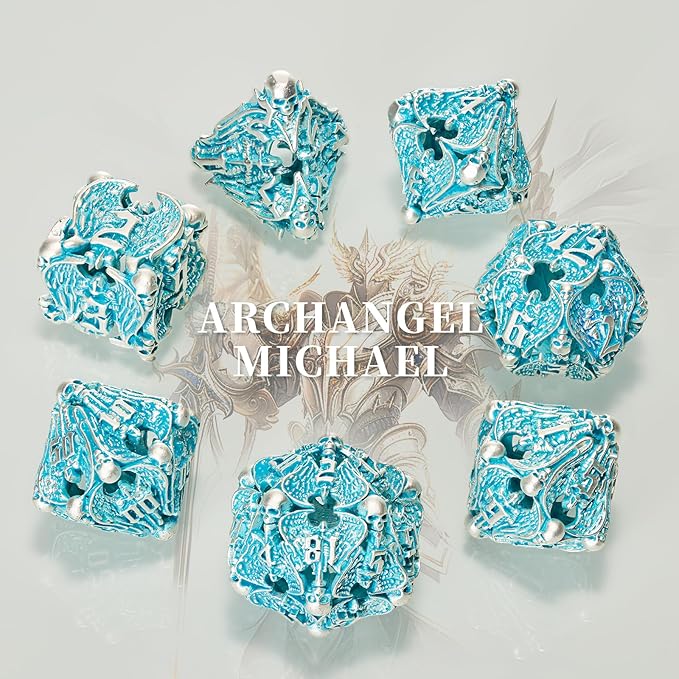 DND Metal Dice Set - Matte Blue White 7 PCS Skull Hollow for Dungeons and Dragons, MTG RPG Role Playing (D&D)