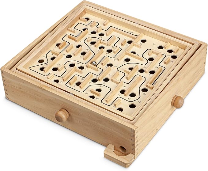 STERLING Games Large Wooden Labyrinth 13.5" x 13" Marble Ball Tilt Maze Wood Game with 60 Waypoints for 6 Years and Up