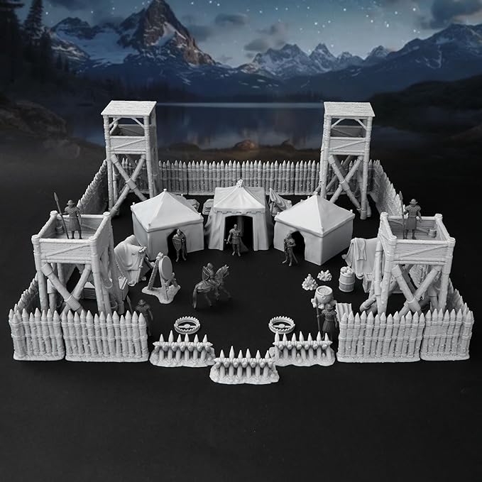 AUSPDICE AF676 Medieval Military Camp RPG Terrain Set for DND Map Building, Compatible with TTRPG Games, Modular Game Pieces with Barricades, Tents, Watchtowers, and Props
