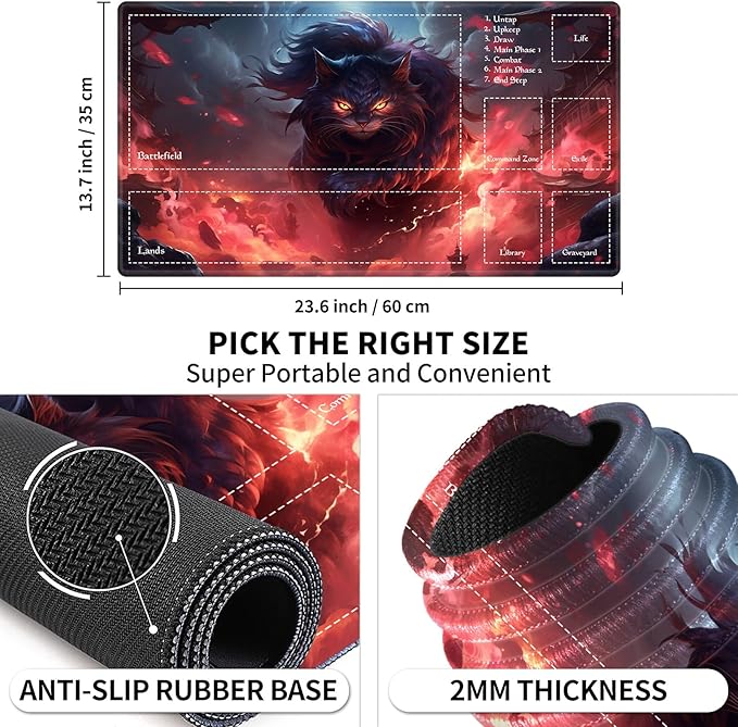 Playmat with Zones for MTG Card Game Playing, Game Mats Tabletop Magic Play Mats 24"x14" Commander Deck Gaming Desk Duel Mat Card Gameplay Mats for Beginner, Cat Demon
