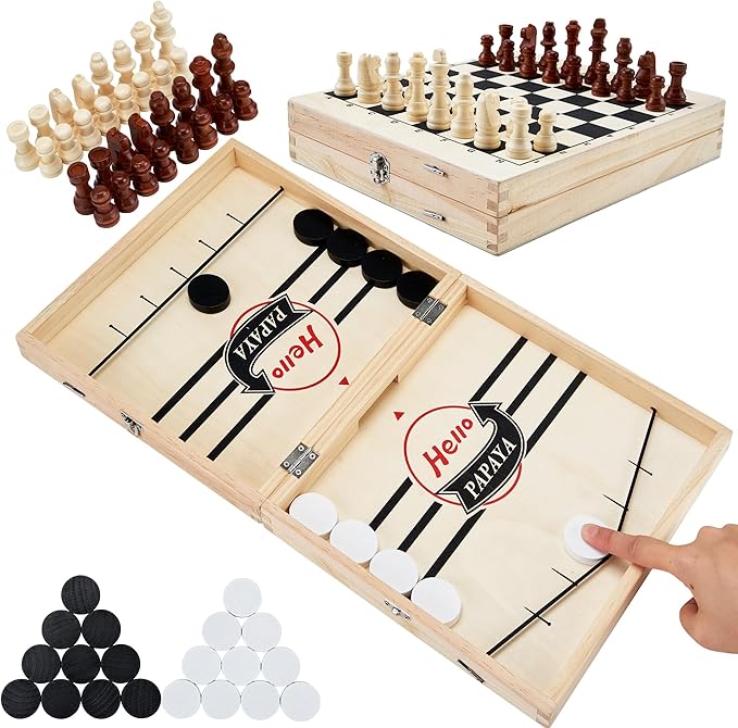 Foldable Fast Sling Puck Game with Chess Board and Checkers Board, Tic Tac Toe. Wooden Air Hockey Family Night,Table Games Gifts for Adults and Kids
