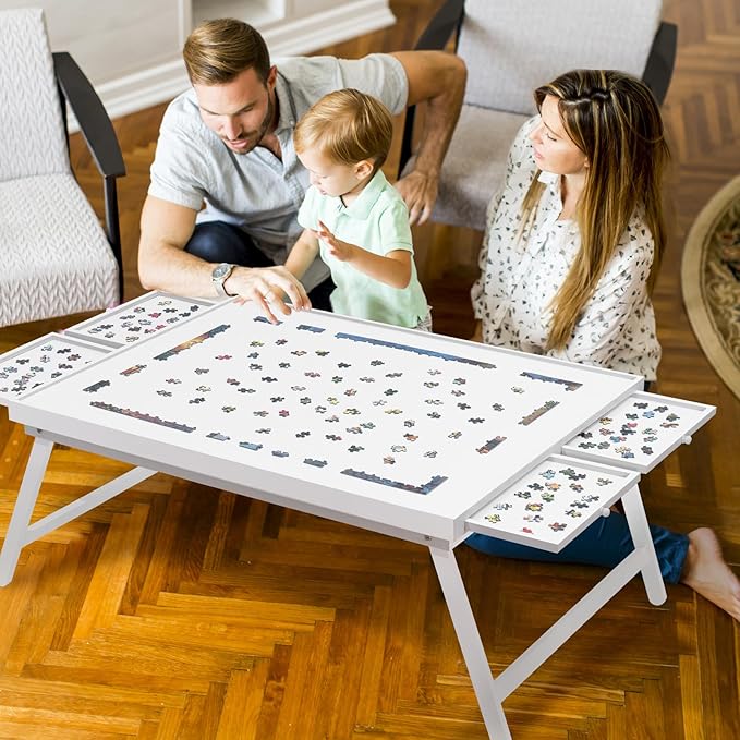 TEAKMAMA 1500 Piece Wooden Jigsaw Puzzle Board with 4 Drawers, Folding Puzzle Table with Protective Cover, Jigsaw Board with Legs, Multifunctional Game Table for Adults, 34W x 26.3D, White