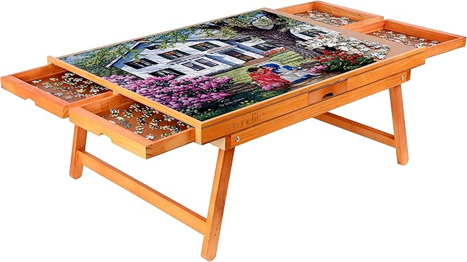 SereneLife Wooden Jigsaw Puzzle Table with 6 Removable Sliding Storage Drawers and Foldable Legs, Smooth Plateau Fiberboard Work Surface and Reinforced Hardwood, for Games and Puzzles, Kids&Adults
