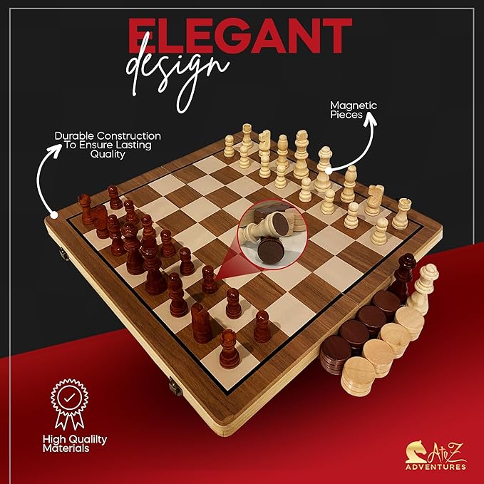 Magnetic Chess and Checkers Game Set - 15" (2 in 1) Folding Wooden Chess Sets for Adults & Kids with 2 Extra Queens | Travel Chess Board Game with Chess Pieces Storage Slots, Luxury Gift with Storage