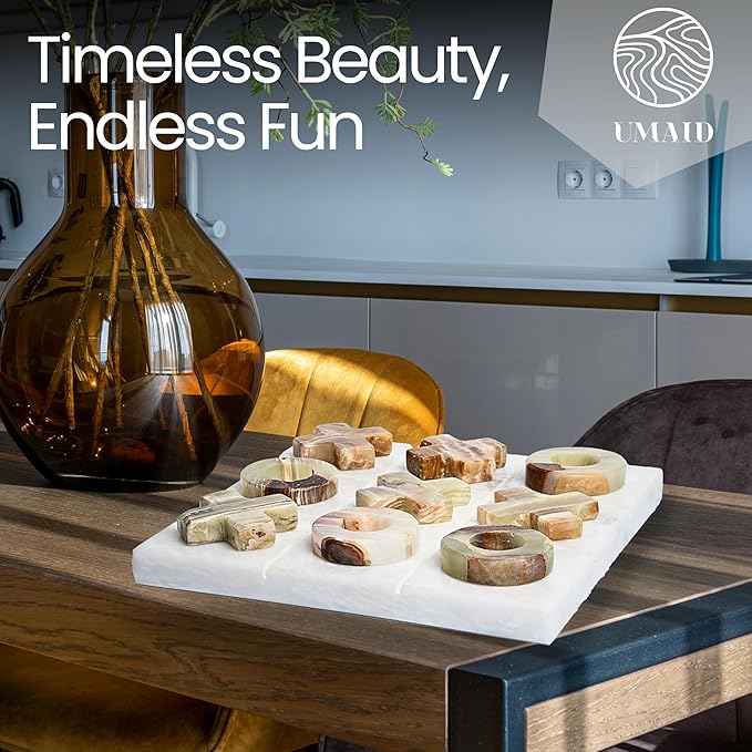 UMAID Luxury Marble Tic Tac Toe Game – A Sophisticated Touch for Dad This Fathers Day – Handcrafted 10” Onyx Board with Velvet Box – Elegant Solid Marble Decor for Coffee Table or Office