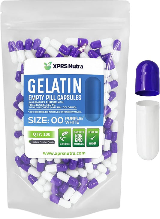 XPRS Nutra Size 00 Empty Capsules - 100 Count Empty Gelatin Capsules - Pills DIY Capsule Filling - Fillable Pill Gel Caps for Do-It-Yourself Supplements (Purple/White)