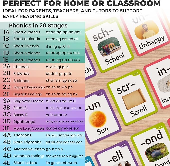 QUOKKA 1000+ Phonics Words Flash Cards for Kids Ages 4-8 – 20 Reading Stages – 260 Card Games for Kids Ages 3-5 and 6-8 – Learn to Read Games & Phonics Manipulatives for Complete Phonemic Awareness