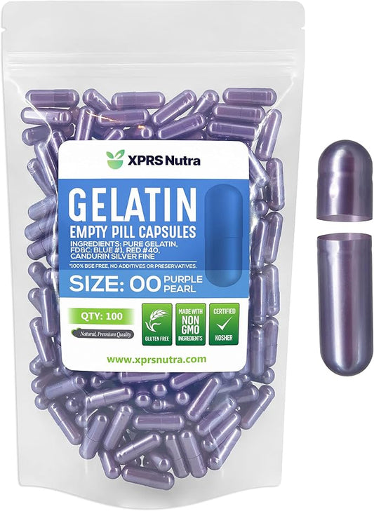 XPRS Nutra Size 00 Empty Capsules - 100 Count Empty Gelatin Capsules - Pills DIY Capsule Filling - Fillable Pill Gel Caps for DIY Supplements (Purple Pearl)