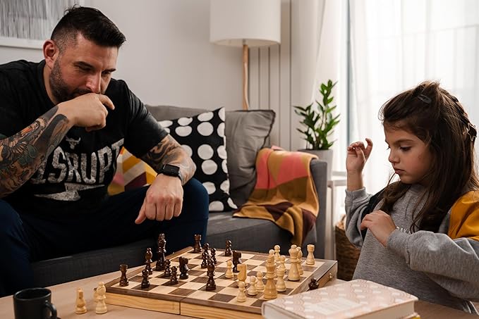 Chess Armory Wooden Chess Set 15 Inch - Classic Handcrafted Game Board for Adults and Kids with Extra Queen Pieces and Storage Box - Ideal for Home and Travel - Non-Magnetic