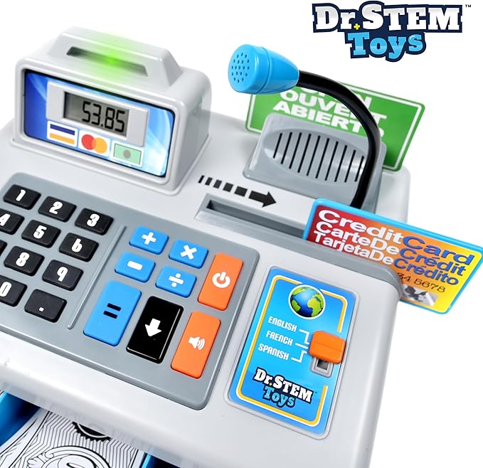 Dr. STEM Toys | Talking Toy Cash Register | STEM Learning 69 Piece Pretend Store with 3 Languages, Paging Microphone, Credit Card, Bank Card, Play Money and Banking for Kids, Silver