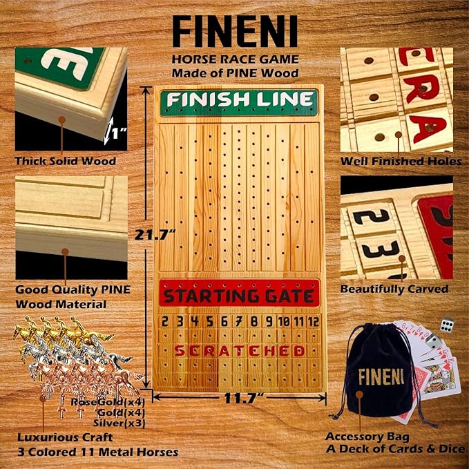 Horse Racing Game for Adults With 11 Luxurious Metal Horses (Silver, Black, Rose Gold), 22" Pine Wood Race Game Board, Dice & Card Included (Log Color3)