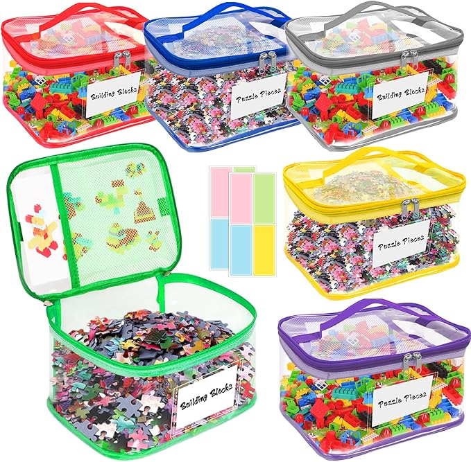 AOBOPLE 6 Pack Clear Toy Storage Bag with Name Tag & Manual Pocket, PVC Clear Toy Organizer Bags with Labels for Lego Bricks, Board Games, Building Blocks, Puzzles