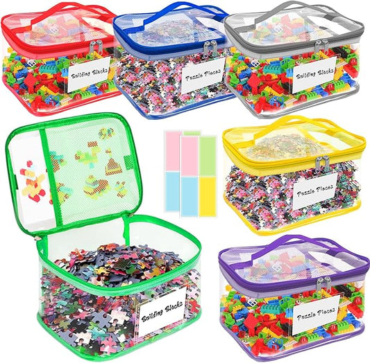 AOBOPLE 6 Pack Clear Toy Storage Bag with Name Tag & Manual Pocket, PVC Clear Toy Organizer Bags with Labels for Lego Bricks, Board Games, Building Blocks, Puzzles